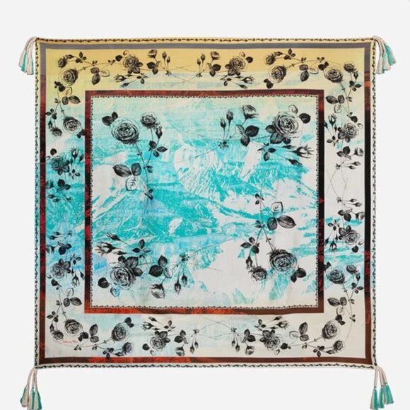 Johnny Was Emillia Silk Scarf Blue Square Large Beige Scarves Floral Tassels NEW - Picture 2 of 6